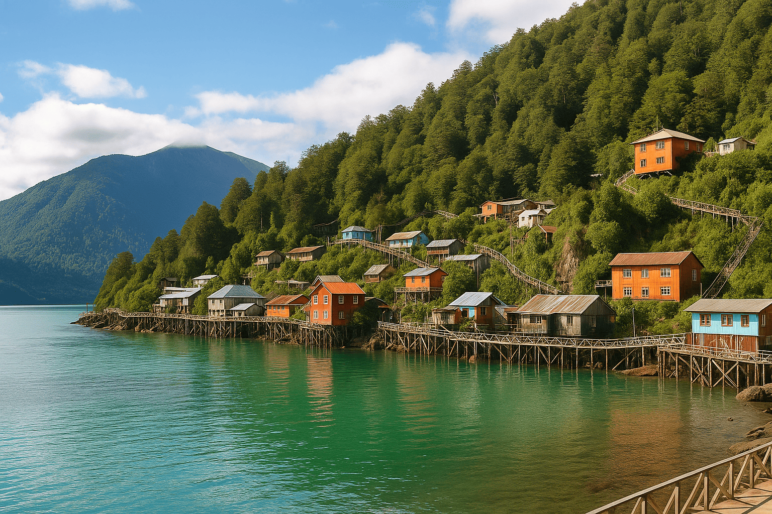 Vista panorámica realista de Caleta Tortel en la Región de Aysén, con sus pasarelas de madera características sobre el fiordo y casas de colores en la ladera